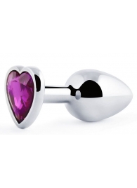 Серебристая анальная пробка с фиолетовым кристаллом-сердечком - 8 см. - Anal Jewelry Plug - купить с доставкой в Москве