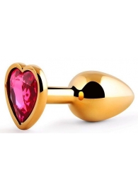 Золотистая анальная пробка с малиновым кристаллом-сердечком - 7 см. - Anal Jewelry Plug - купить с доставкой в Москве