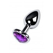 Серебристая коническая анальная пробка с фиолетовым кристаллом-сердечком - 7 см. - ToyFa - купить с доставкой в Москве