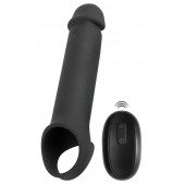 Черная вибронасадка для пениса с хомутом для мошонки и пультом ДУ Remote Controlled Penis Extension - Orion - в Москве купить с доставкой
