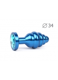 Коническая ребристая синяя анальная втулка с голубым кристаллом - 8 см. - Anal Jewelry Plug - купить с доставкой в Москве