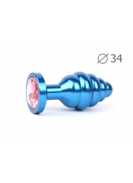 Коническая ребристая синяя анальная втулка с розовым кристаллом - 8 см. - Anal Jewelry Plug - купить с доставкой #SOTBIT_REGIONS_UF_V_REGION_NAME#