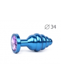 Коническая ребристая синяя анальная втулка с сиреневым кристаллом - 8 см. - Anal Jewelry Plug - купить с доставкой в Москве