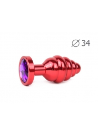 Коническая ребристая красная анальная втулка с кристаллом фиолетового цвета - 8 см. - Anal Jewelry Plug - купить с доставкой в Москве