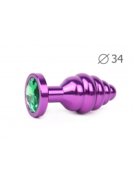 Коническая ребристая фиолетовая анальная втулка с зеленымм кристаллом - 8 см. - Anal Jewelry Plug - купить с доставкой в Москве