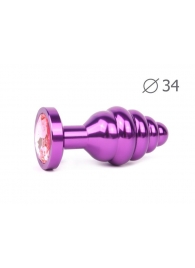 Коническая ребристая фиолетовая анальная втулка с розовым кристаллом - 8 см. - Anal Jewelry Plug - купить с доставкой в Москве