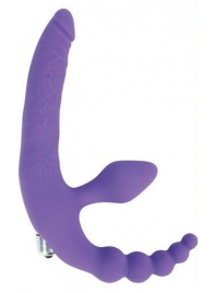 Фиолетовый безремневой страпон с анальным отростком и вибрацией - 15 см. - Bior toys - купить с доставкой в Москве