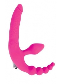 Розовый безремневой страпон с анальным отростком и вибрацией - 15 см. - Bior toys - купить с доставкой #SOTBIT_REGIONS_UF_V_REGION_NAME#