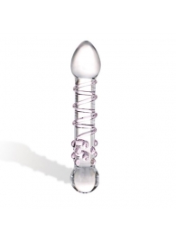 Прозрачный стеклянный фаллос с розовой спиралькой и массажными пупырышками - 18 см. - Glas