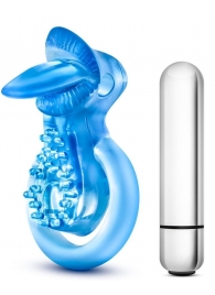 Голубое эрекционное виброкольцо 10 Function Vibrating Tongue Ring - Blush Novelties - в Москве купить с доставкой