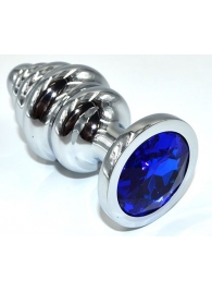 Серебристая анальная пробка из нержавеющей стали с синим кристаллом - 8,8 см. - Kanikule - купить с доставкой в Москве
