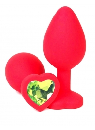 Красная силиконовая анальная пробка с лаймовым стразом-сердцем - 8 см. - Vandersex - купить с доставкой в Москве