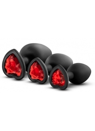 Набор черных анальных пробок с красным кристаллом-сердечком Bling Plugs Training Kit - Blush Novelties - купить с доставкой в Москве