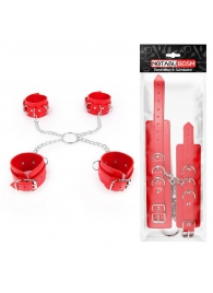 Комплект красных наручников и оков на металлических креплениях с кольцом - Notabu - купить с доставкой в Москве