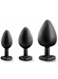 Набор из 3 черных пробок с прозрачным кристаллом-сердечком Bling Plugs Training Kit - Blush Novelties - купить с доставкой в Москве