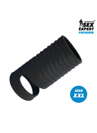 Черная открытая насадка на пенис с кольцом для мошонки XXL-size - 9,4 см. - Bior toys - в Москве купить с доставкой