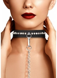 Черный ошейник с поводком Diamond Studded Collar With Leash - Shots Media BV - купить с доставкой в Москве