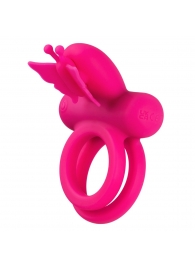 Розовое эрекционное виброкольцо Silicone Rechargeable Dual Butterfly Ring - California Exotic Novelties - в Москве купить с доставкой