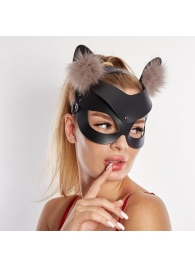 Черная кожаная маска  Кошечка  с мехом - Sitabella - купить с доставкой в Москве