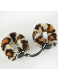 Черные кожаные наручники со съемной леопардовой опушкой - Sitabella - купить с доставкой в Москве