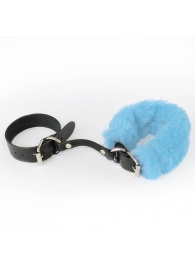 Черные кожаные наручники со съемной голубой опушкой - Sitabella - купить с доставкой в Москве