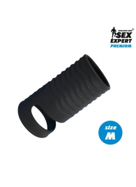 Черная открытая насадка на пенис с кольцом для мошонки size M - 7,9 см. - Sex Expert - в Москве купить с доставкой