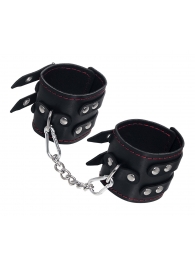 Черные кожаные наручники с двумя ремнями и контрастной строчкой - Pecado - купить с доставкой в Москве