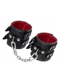 Черные кожаные наручники с двумя ремнями и красной подкладкой - Pecado - купить с доставкой в Москве
