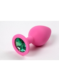 Розовая силиконовая анальная пробка с зеленым стразом - 8,2 см. - 4sexdreaM - купить с доставкой в Москве