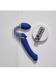 Синий безремневой страпон Multi Orgasm Bendable Strap-On size XL с клиторальной стимуляцией - Strap-on-me - купить с доставкой в Москве