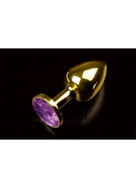 Маленькая золотистая анальная пробка с круглым кончиком и фиолетовым кристаллом - 7 см. - Пикантные штучки - купить с доставкой в Москве