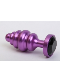 Фиолетовая ребристая анальная пробка с чёрным кристаллом - 7,3 см. - 4sexdreaM - купить с доставкой в Москве