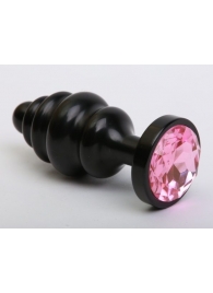 Чёрная ребристая анальная пробка с розовым кристаллом - 7,3 см. - 4sexdreaM - купить с доставкой в Москве