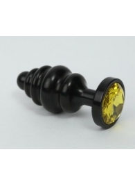 Чёрная ребристая анальная пробка с жёлтым кристаллом - 7,3 см. - 4sexdreaM - купить с доставкой в Москве