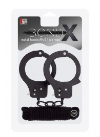 Чёрные наручники из листового металла в комплекте с веревкой BONDX METAL CUFFS LOVE ROPE SET - Dream Toys - купить с доставкой в Москве