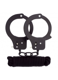 Чёрные наручники из листового металла в комплекте с веревкой BONDX METAL CUFFS LOVE ROPE SET - Dream Toys - купить с доставкой в Москве