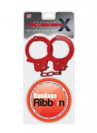 Набор для фиксации BONDX METAL CUFFS AND RIBBON: красные наручники из листового материала и липкая лента - Dream Toys - купить с доставкой #SOTBIT_REGIONS_UF_V_REGION_NAME#
