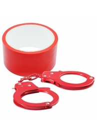 Набор для фиксации BONDX METAL CUFFS AND RIBBON: красные наручники из листового материала и липкая лента - Dream Toys - купить с доставкой в Москве