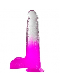Фиолетовый фаллоимитатор с мошонкой, прозрачным стволом и присоской - 17,8 см. - Dream Toys