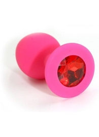 Розовая силиконовая анальная пробка с красным кристаллом - 7 см. - Kanikule - купить с доставкой в Москве