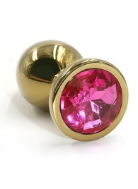 Золотистая алюминиевая анальная пробка с ярко-розовым кристаллом - 6 см. - Kanikule - купить с доставкой #SOTBIT_REGIONS_UF_V_REGION_NAME#