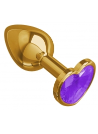 Золотистая анальная втулка с фиолетовым кристаллом-сердцем - 7 см. - Джага-Джага - купить с доставкой в Москве