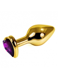 Золотистая анальная втулка с фиолетовым кристаллом-сердцем - 7 см. - Джага-Джага - купить с доставкой в Москве