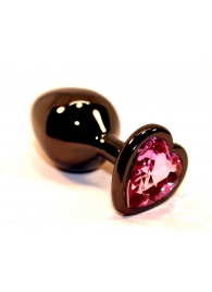 Чёрная анальная пробка с розовым стразом-сердцем - 8 см. - 4sexdreaM - купить с доставкой в Москве
