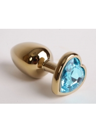 Золотистая анальная пробка с голубым кристаллом-сердцем - 9 см. - 4sexdreaM - купить с доставкой в Москве
