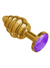 Золотистая пробка с рёбрышками и фиолетовым кристаллом - 7 см. - Джага-Джага - купить с доставкой в Москве