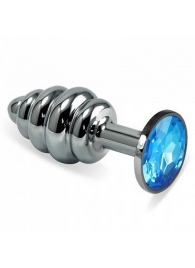 Серебристая фигурная анальная пробка с голубым кристаллом - 8,5 см. - 4sexdreaM - купить с доставкой в Москве