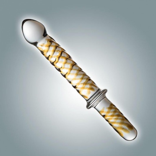Прозрачный фаллоимитатор с ручкой и золотистым узором - 23 см. - Rubber Tech Ltd
