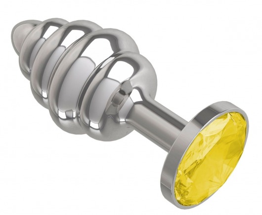 Серебристая спиралевидная анальная пробка с желтым кристаллом - 7 см. - Джага-Джага - купить с доставкой в Москве