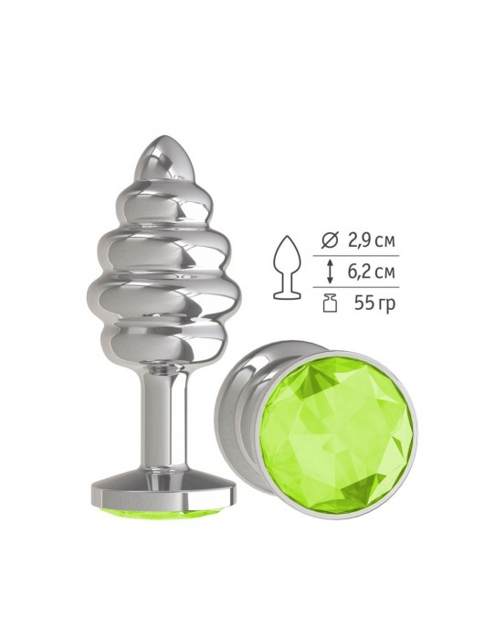 Серебристая спиралевидная анальная пробка с салатовым кристаллом - 7 см. - Джага-Джага - купить с доставкой в Москве